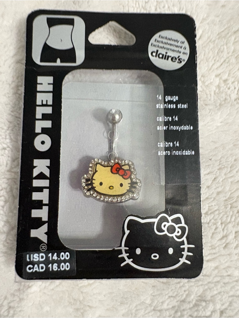 NWT Vintage Y2K Hello Kitty Yellow Face with Red Bow Crystal Navel Ring